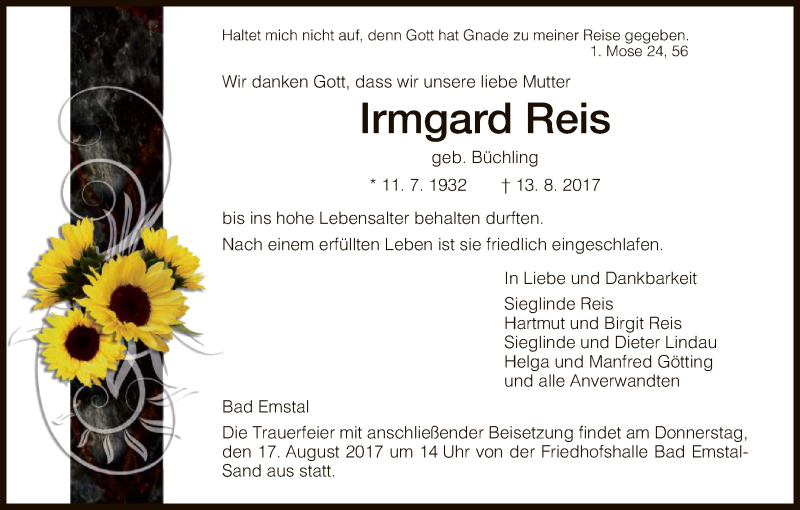 Traueranzeigen Von Irmgard Reis Trauer HNA De