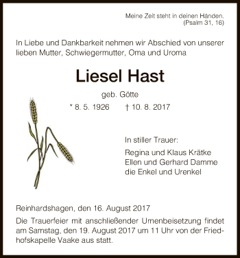 Traueranzeigen Von Liesel Hast Trauer Hna De