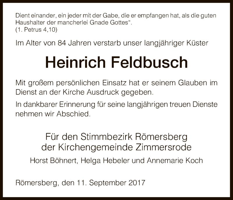 Traueranzeigen Von Heinrich Feldbusch Trauer Hna De