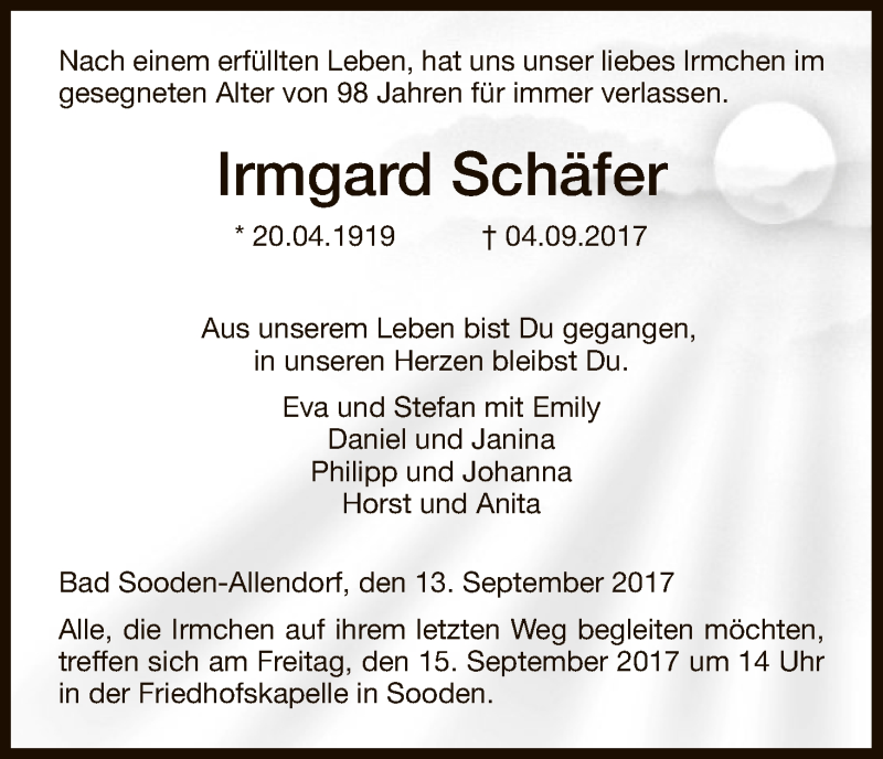 Traueranzeigen Von Irmgard Sch Fer Trauer Hna De