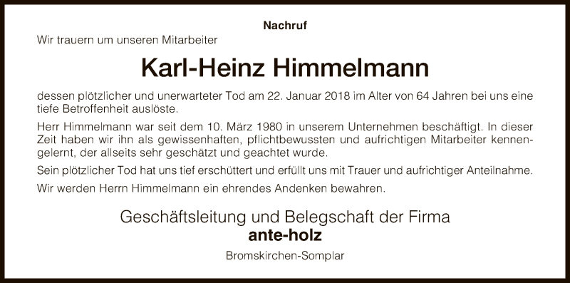 Traueranzeigen Von Karl Heinz Himmelmann Trauer Hna De