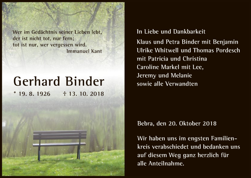 Traueranzeigen Von Gerhard Binder Trauer HNA De