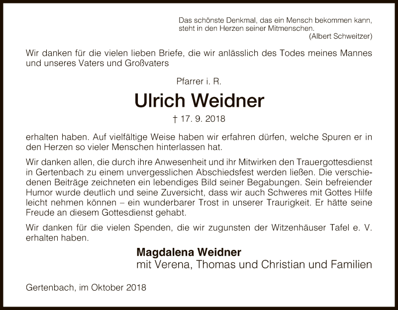 Traueranzeigen Von Ulrich Weidner Trauer Hna De