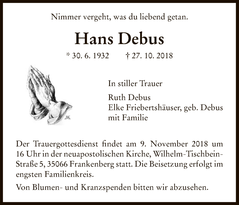 Traueranzeigen Von Hans Debus Trauer Hna De