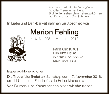 Traueranzeigen Von Marion Fehling Trauer HNA De