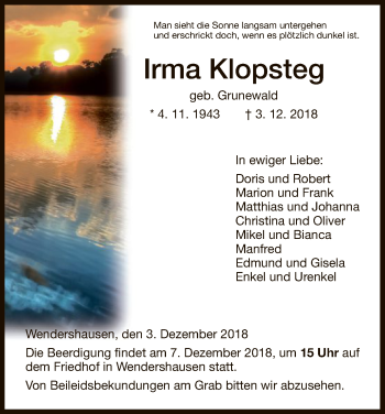 Traueranzeigen Von Irma Klopsteg Trauer Hna De