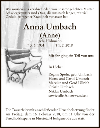 Traueranzeigen Von Anna Umbach Trauer Hna De