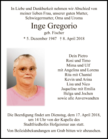 Traueranzeigen Von Inge Gregorio Trauer HNA De