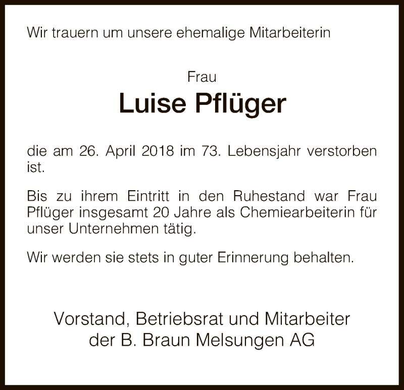 Traueranzeigen von Luise Pflüger Trauer HNA de