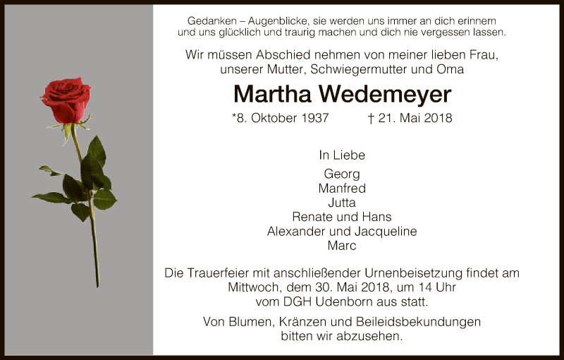 Traueranzeigen Von Martha Wedemeyer Trauer HNA De