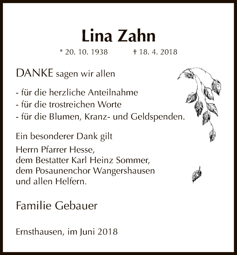 Traueranzeigen Von Lina Zahn Trauer Hna De