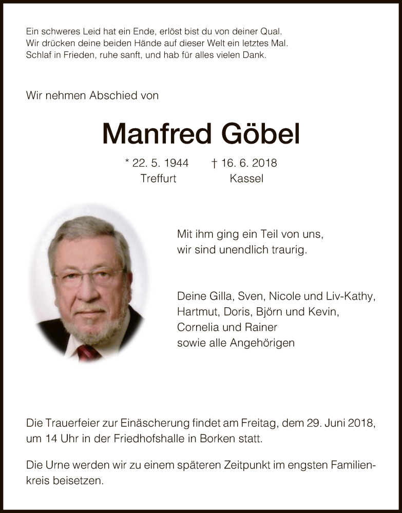 Traueranzeigen Von Manfred G Bel Trauer Hna De