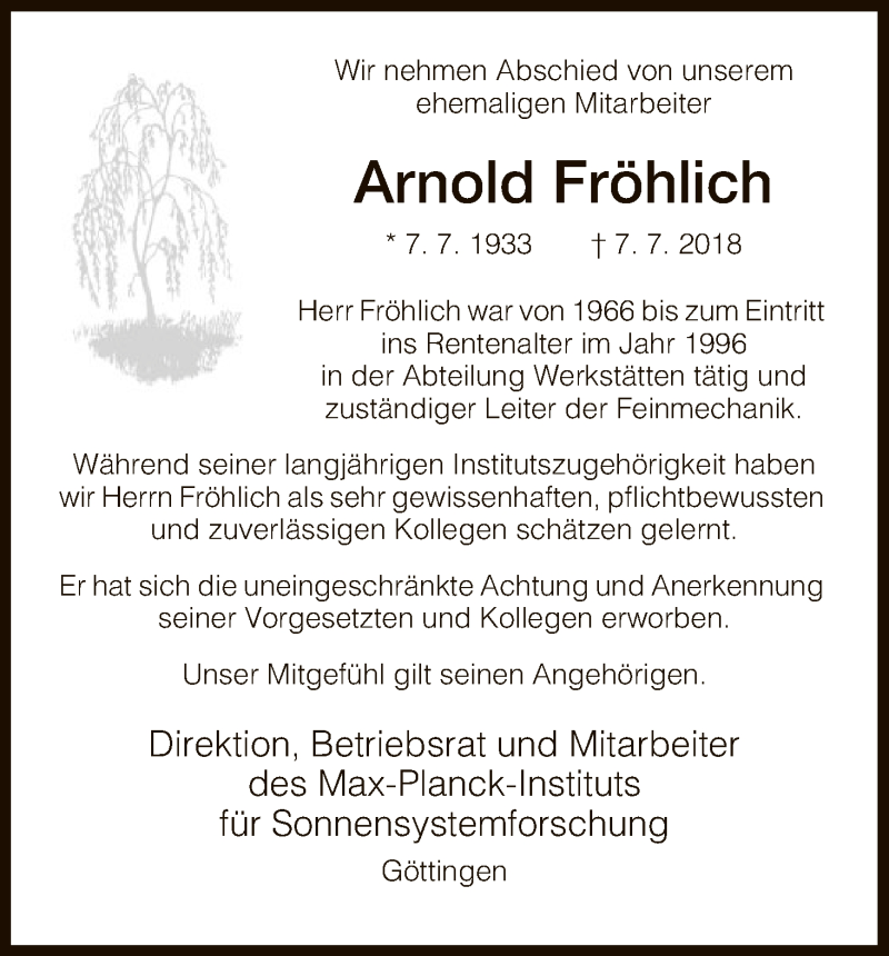 Traueranzeigen von Arnold Fröhlich Trauer HNA de