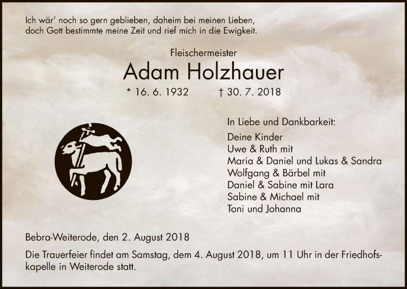 Traueranzeigen Von Adam Holzhauer Trauer Hna De