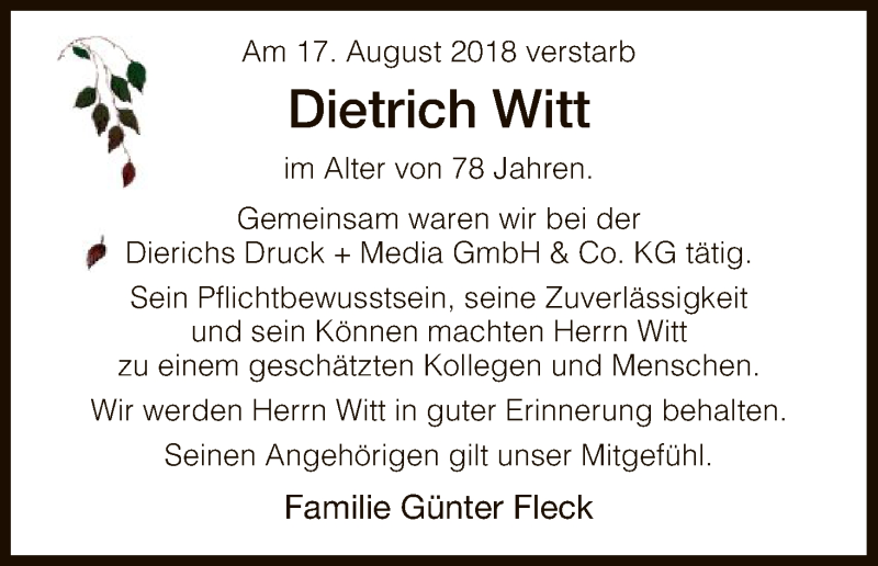 Traueranzeigen Von Ditrich Witt Trauer Hna De