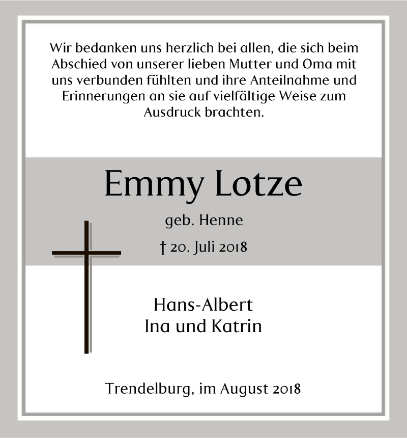 Traueranzeigen Von Emmy Lotze Trauer Hna De