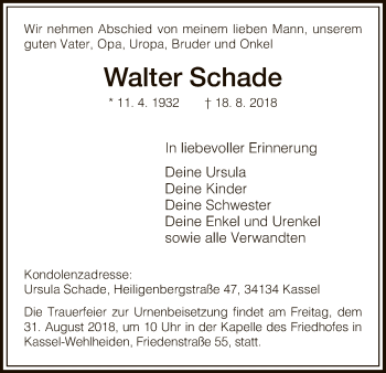 Traueranzeigen Von Walter Schade Trauer Hna De