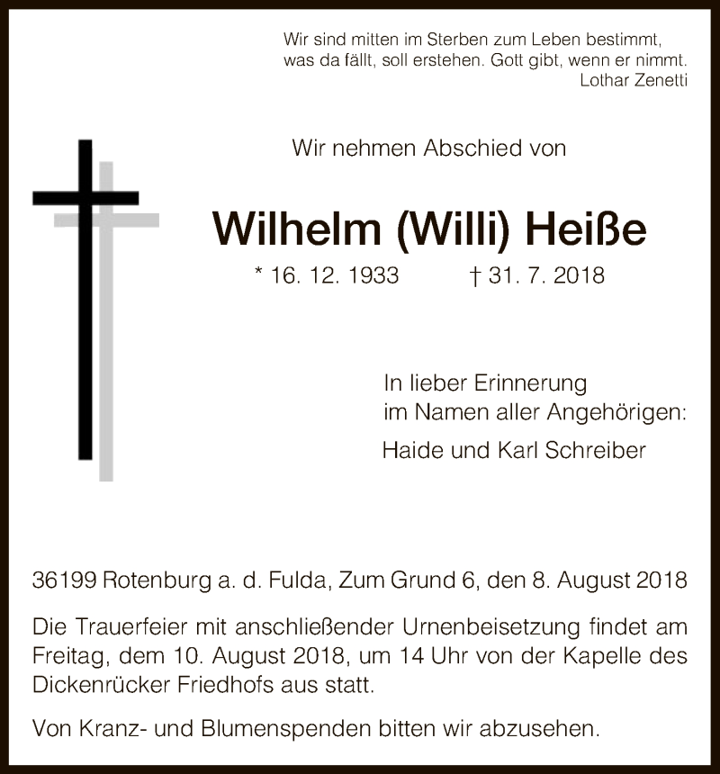 Traueranzeigen Von Wilhelm Hei E Trauer Hna De