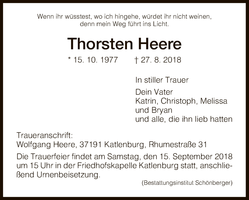 Traueranzeigen Von Thorsten Heere Trauer HNA De