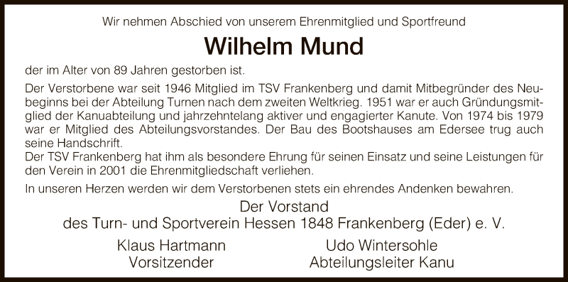 Traueranzeigen Von Wilhelm Mund Trauer HNA De