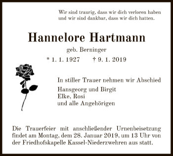 Traueranzeigen Von Hannelore Hartmann Trauer Hna De