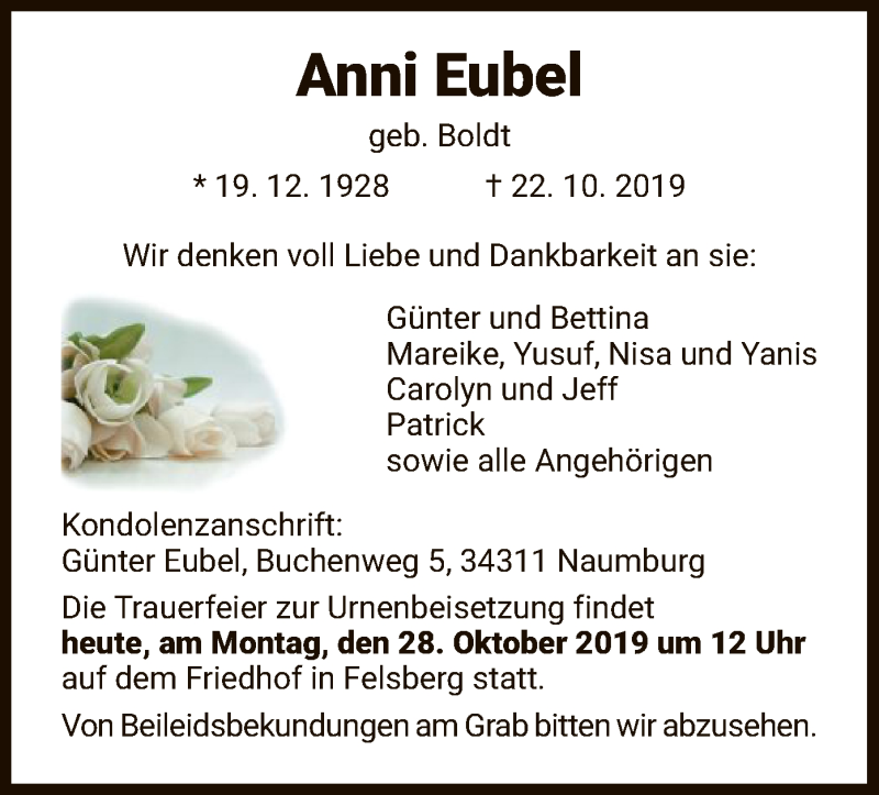 Traueranzeigen Von Anni Eubel Trauer Hna De