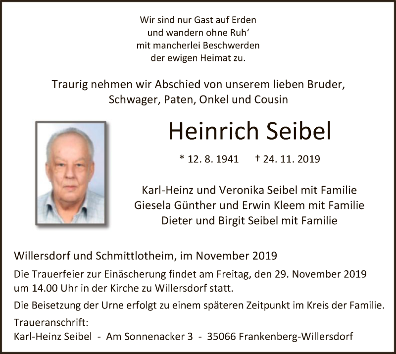 Traueranzeigen Von Heinrich Seibel Trauer Hna De