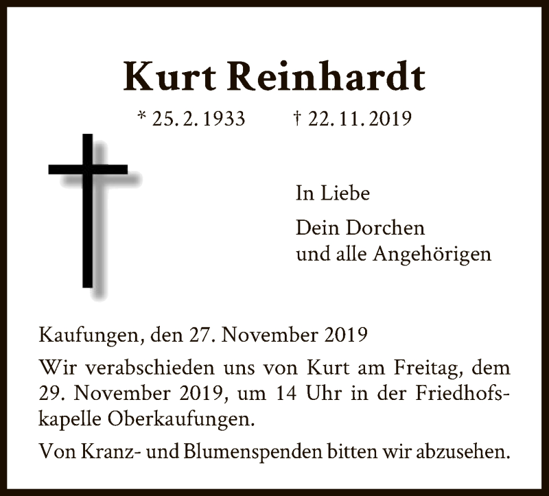 Traueranzeigen Von Kurt Reinhardt Trauer HNA De