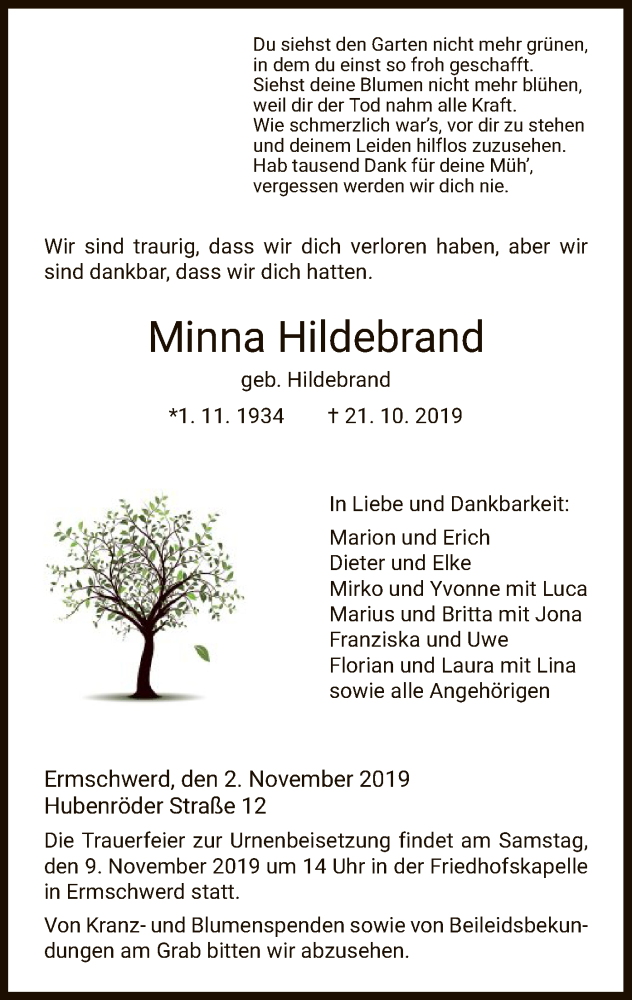 Traueranzeigen Von Minna Hildebrand Trauer Hna De