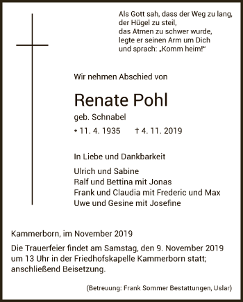 Traueranzeigen Von Renate Pohl Trauer HNA De