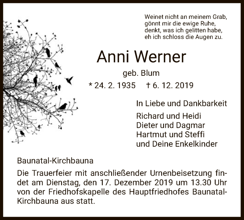 Traueranzeigen Von Anni Werner Trauer Hna De