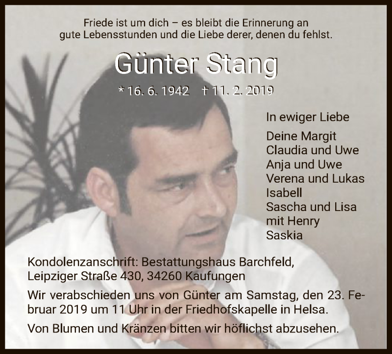 Traueranzeigen von Günter Stang Trauer HNA de