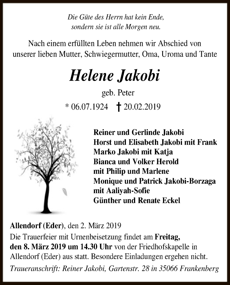 Traueranzeigen Von Helene Jakobi Trauer HNA De