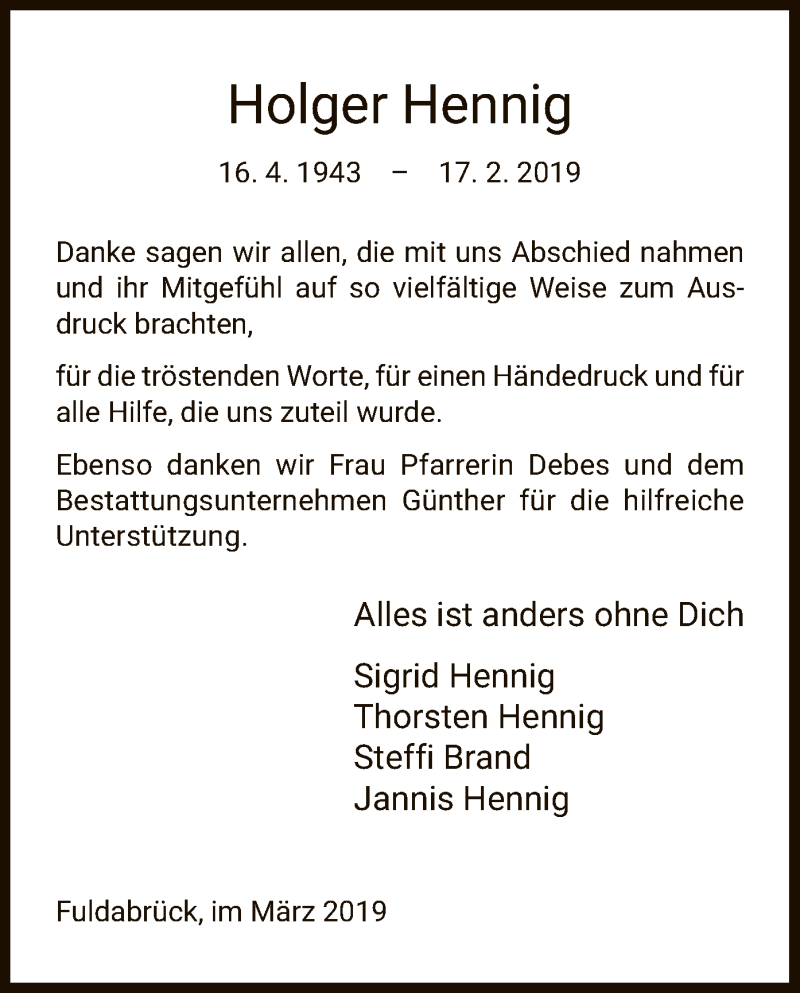 Traueranzeigen Von Holger Hennig Trauer Hna De