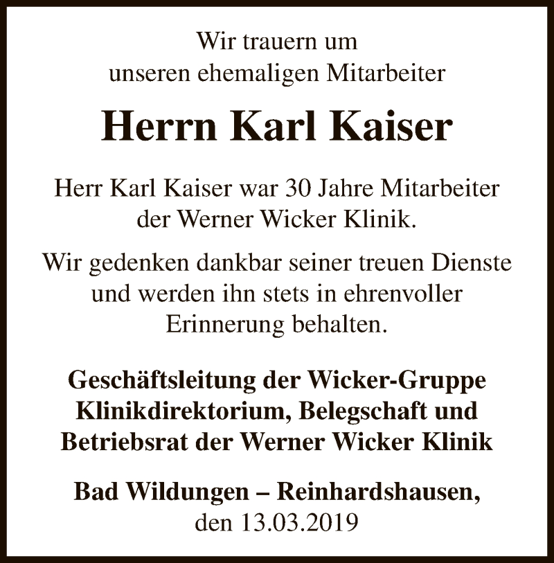 Traueranzeigen Von Karl Kaiser Trauer HNA De