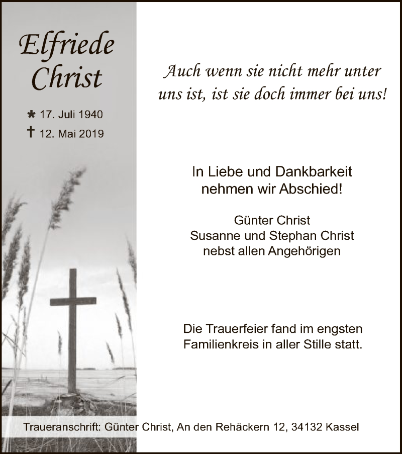 Traueranzeigen Von Elfriede Christ Trauer Hna De