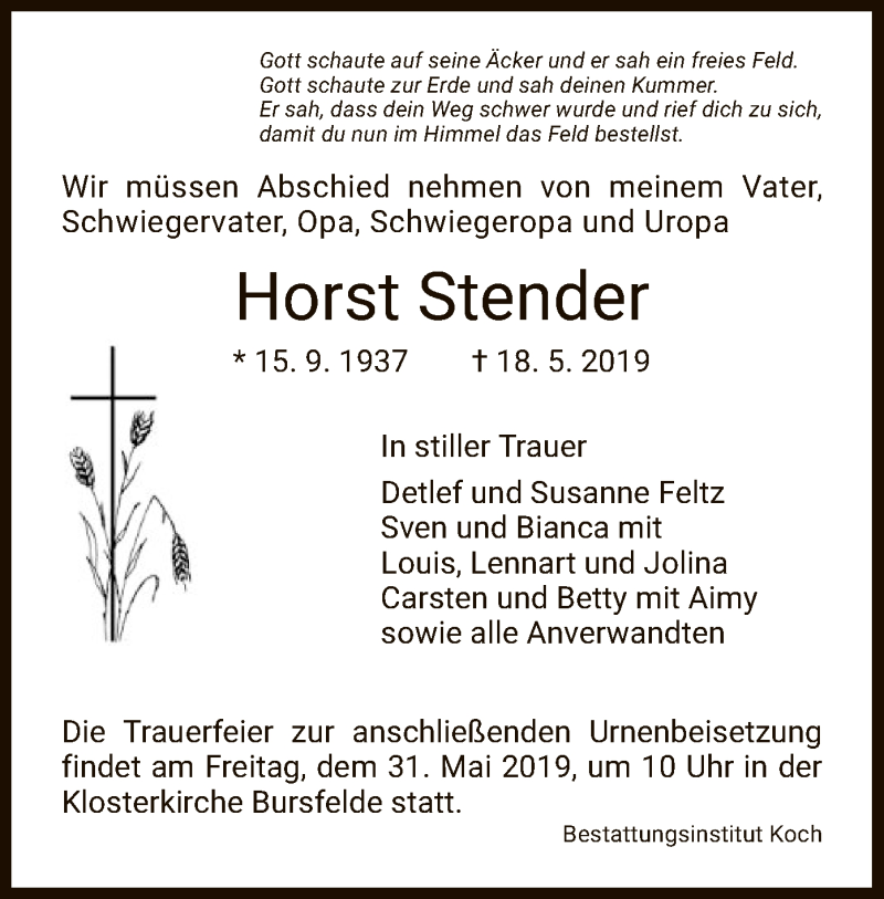 Traueranzeigen Von Horst Stender Trauer Hna De