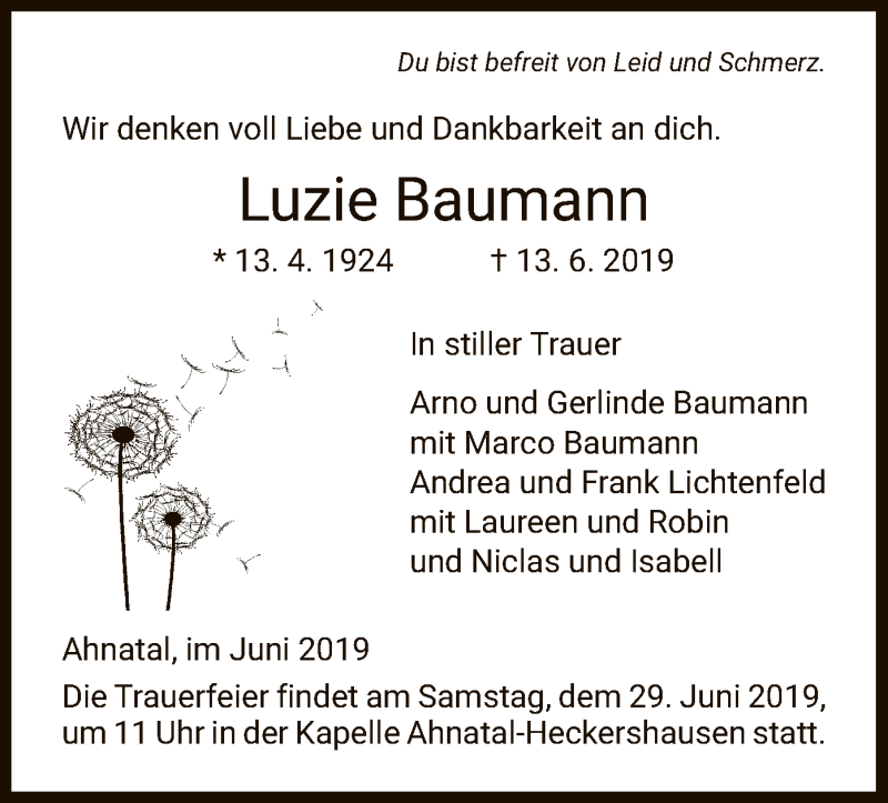 Traueranzeigen Von Luzie Baumann Trauer Hna De