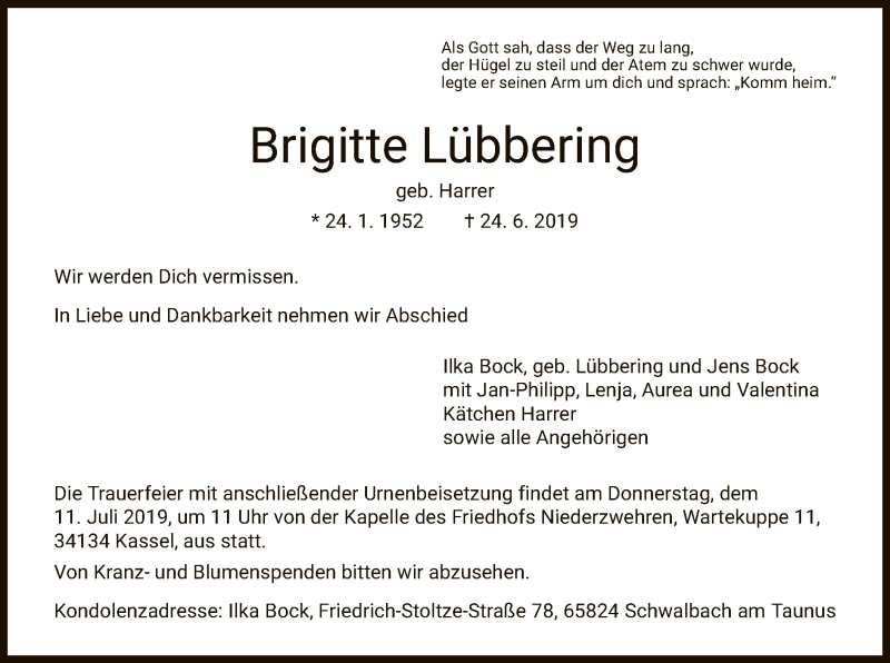 Traueranzeigen Von Brigitte L Bbering Trauer Hna De