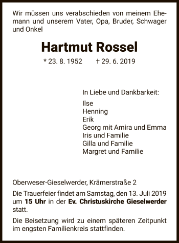 Traueranzeigen Von Hartmut Rossel Trauer HNA De