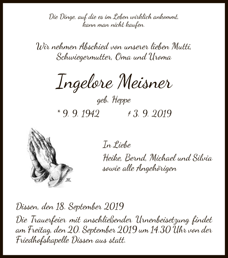 Traueranzeigen Von Ingelore Meisner Trauer HNA De