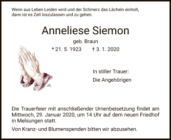 Traueranzeigen Von Anneliese Siemon Trauer Hna De