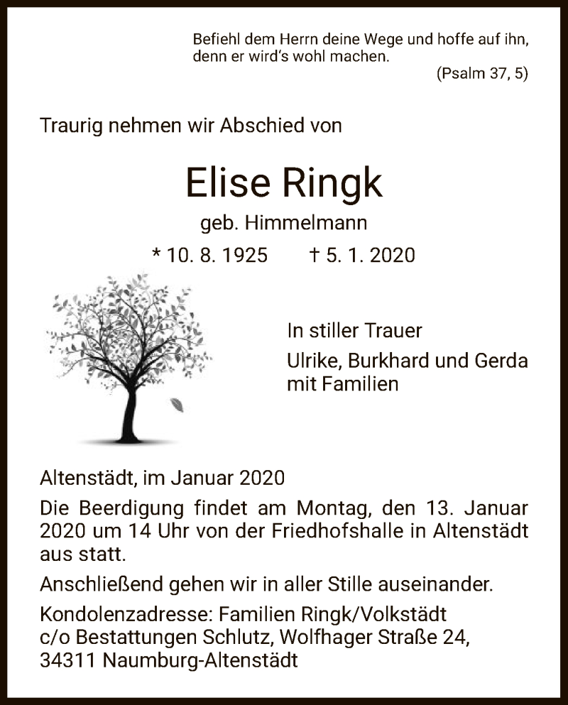 Traueranzeigen Von Elise Ringk Trauer Hna De