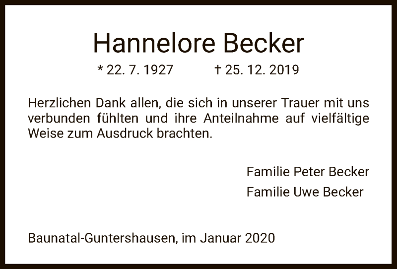 Traueranzeigen Von Hannelore Becker Trauer Hna De