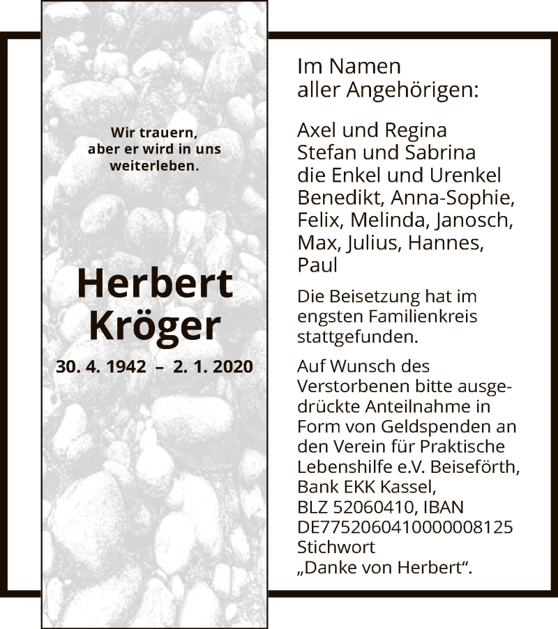 Traueranzeigen von Herbert Kröger Trauer HNA de