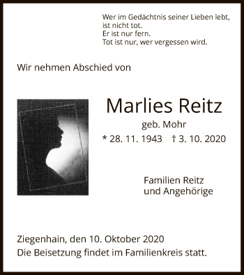 Traueranzeigen Von Marlies Reitz Trauer HNA De