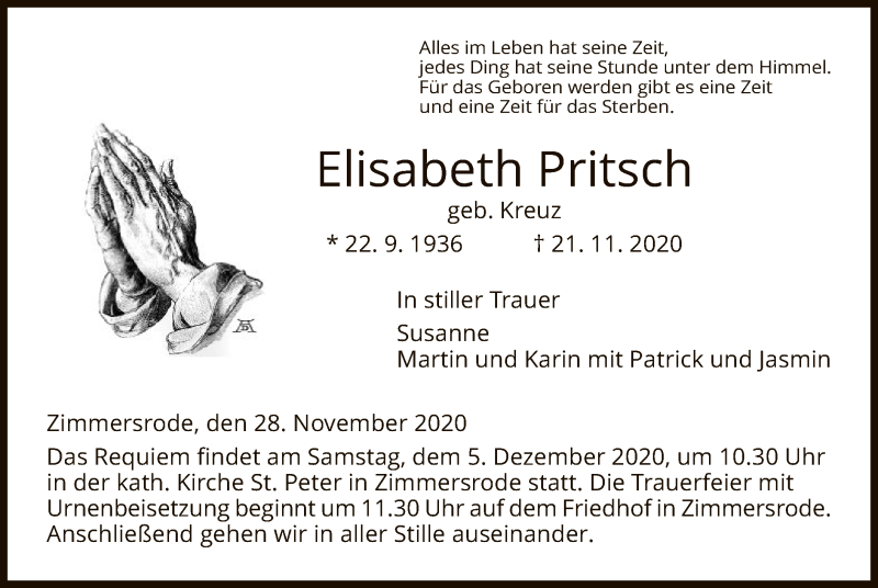 Traueranzeigen Von Elisabeth Pritsch Trauer HNA De