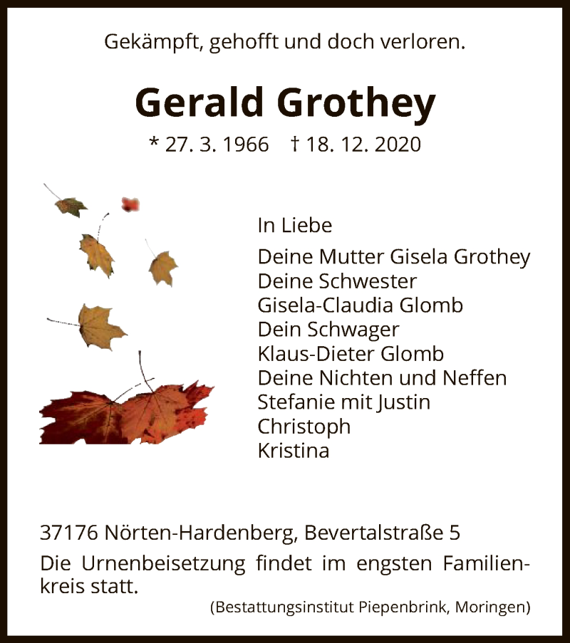 Traueranzeigen Von Gerald Grothey Trauer Hna De