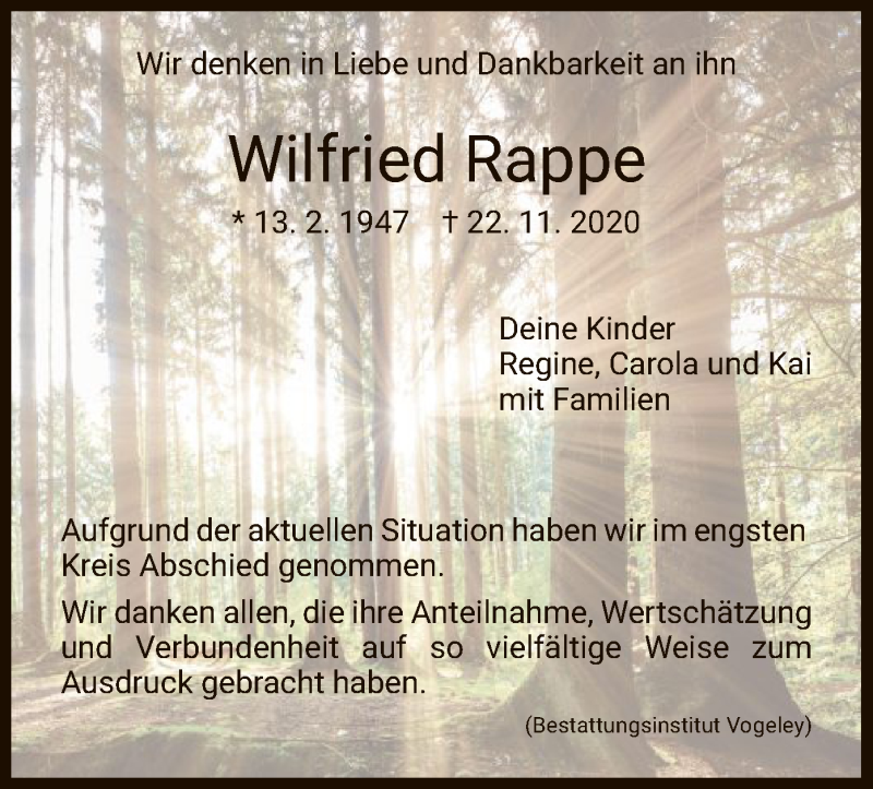 Traueranzeigen Von Wilfried Rappe Trauer HNA De