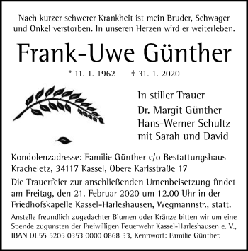 Traueranzeigen von Frank Uwe Günther Trauer HNA de